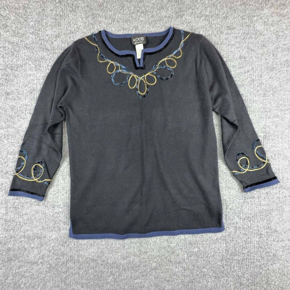 Koos Of Course! Sweater Womens Medium Black Embroidered 3/4 Sleeve Knit Pullover